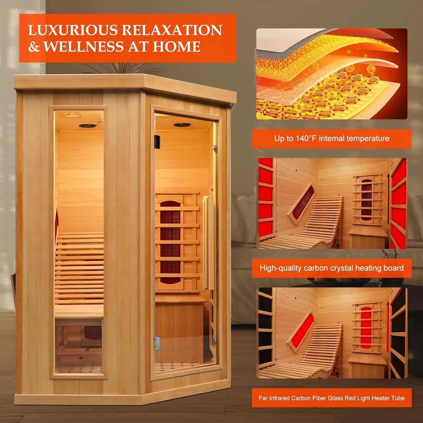SMARTMAK Far Infrared Wood Sauna Indoor Canadian Hemlock