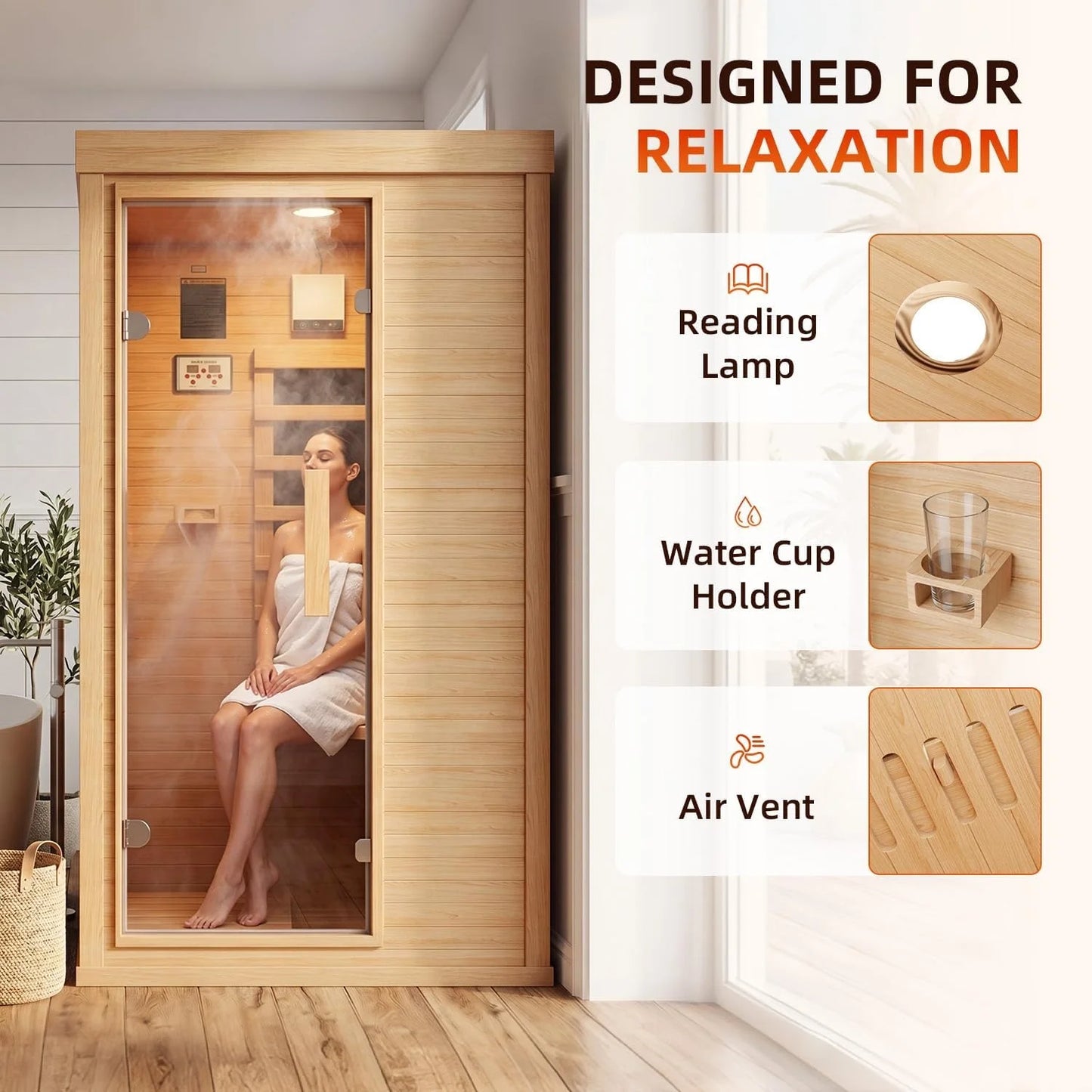 Nordivale One Person Wood Infrared Sauna With Bluetooth Control Panel