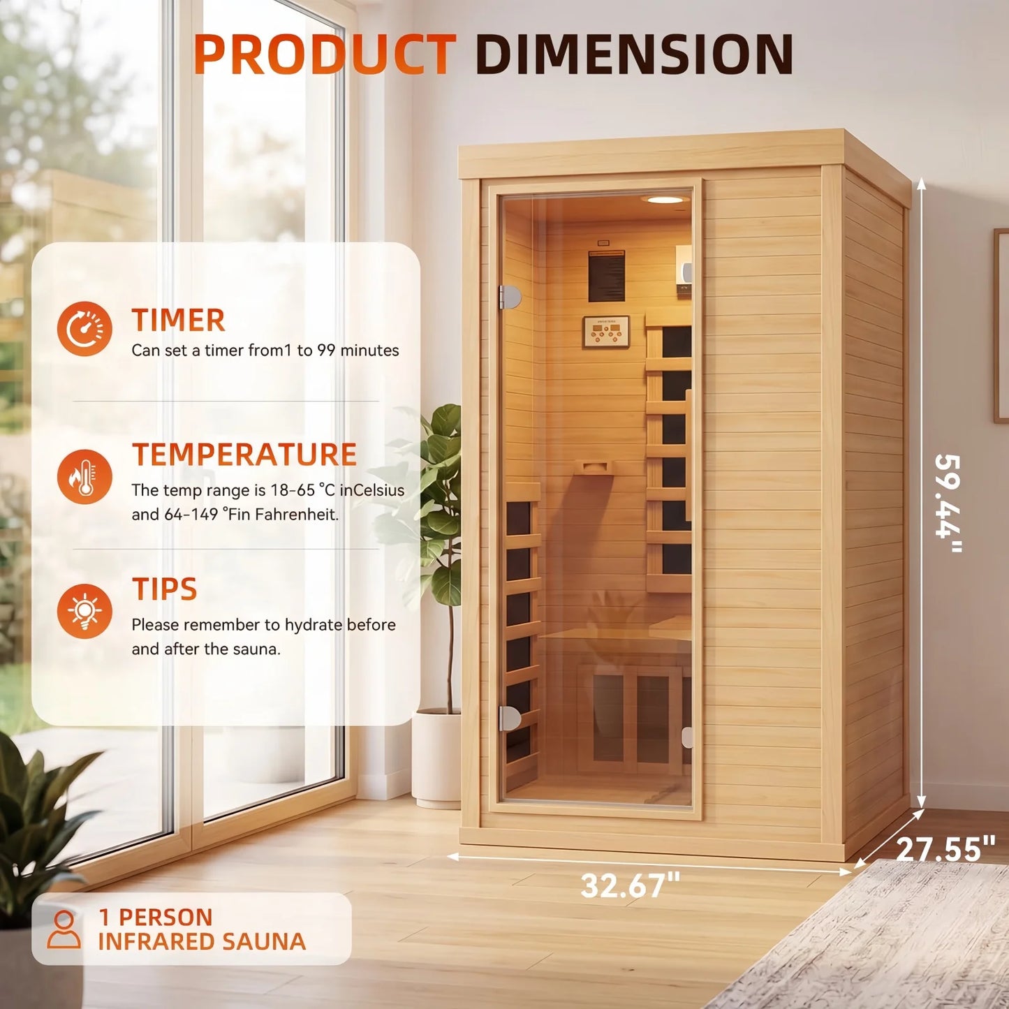 Nordivale One Person Wood Infrared Sauna With Bluetooth Control Panel