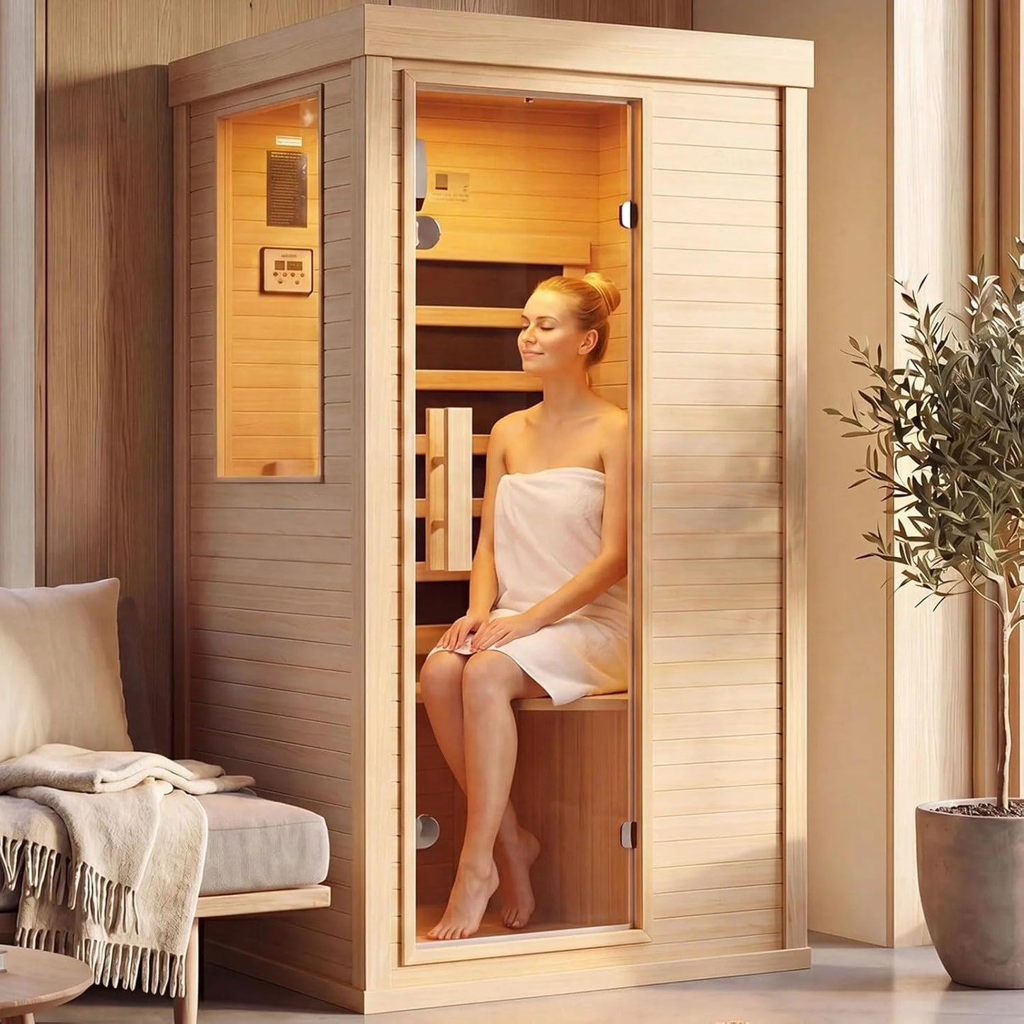 Nordivale One Person Wood Infrared Sauna With Bluetooth Control Panel