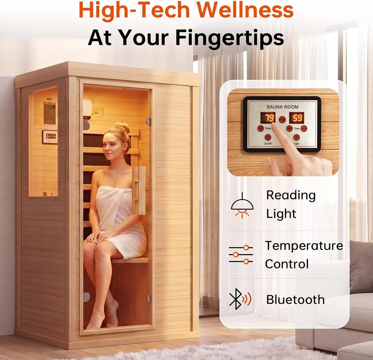 Nordivale One Person Wood Infrared Sauna With Bluetooth Control Panel