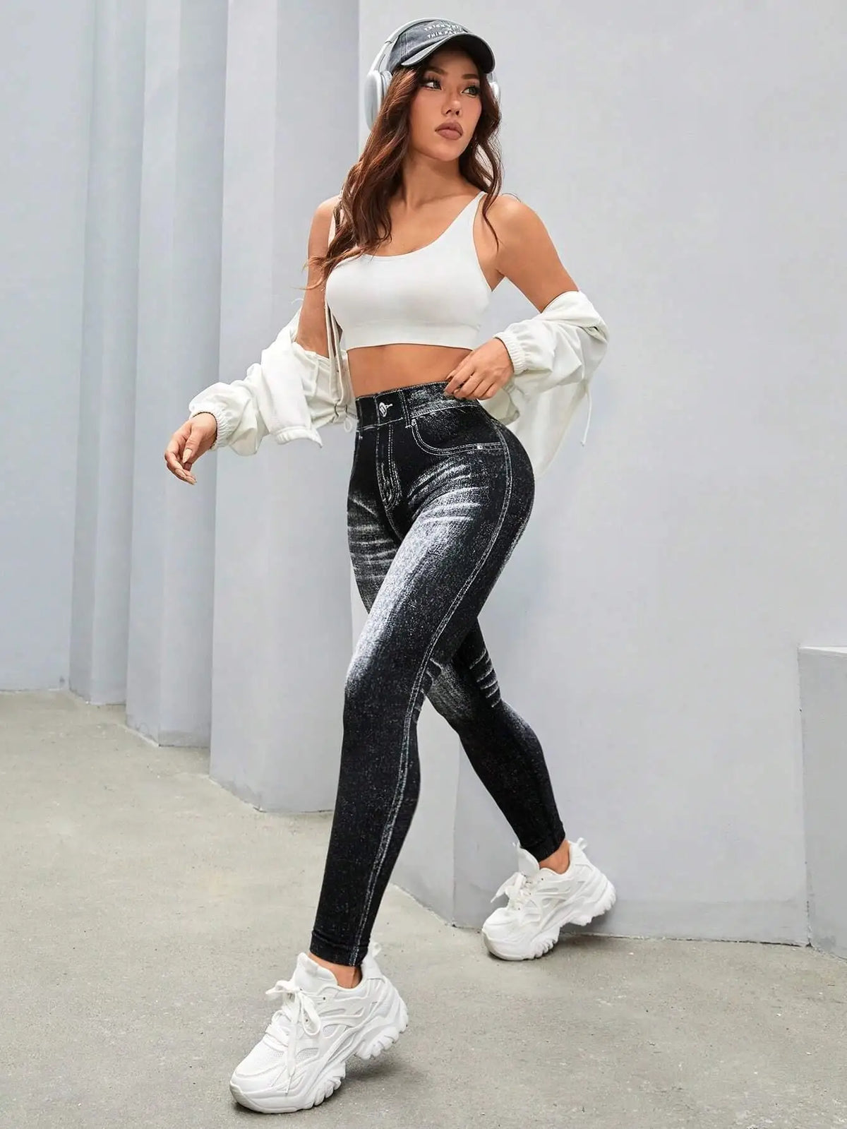 Women High Waisted Faux Denim Jeggings With Tummy Control