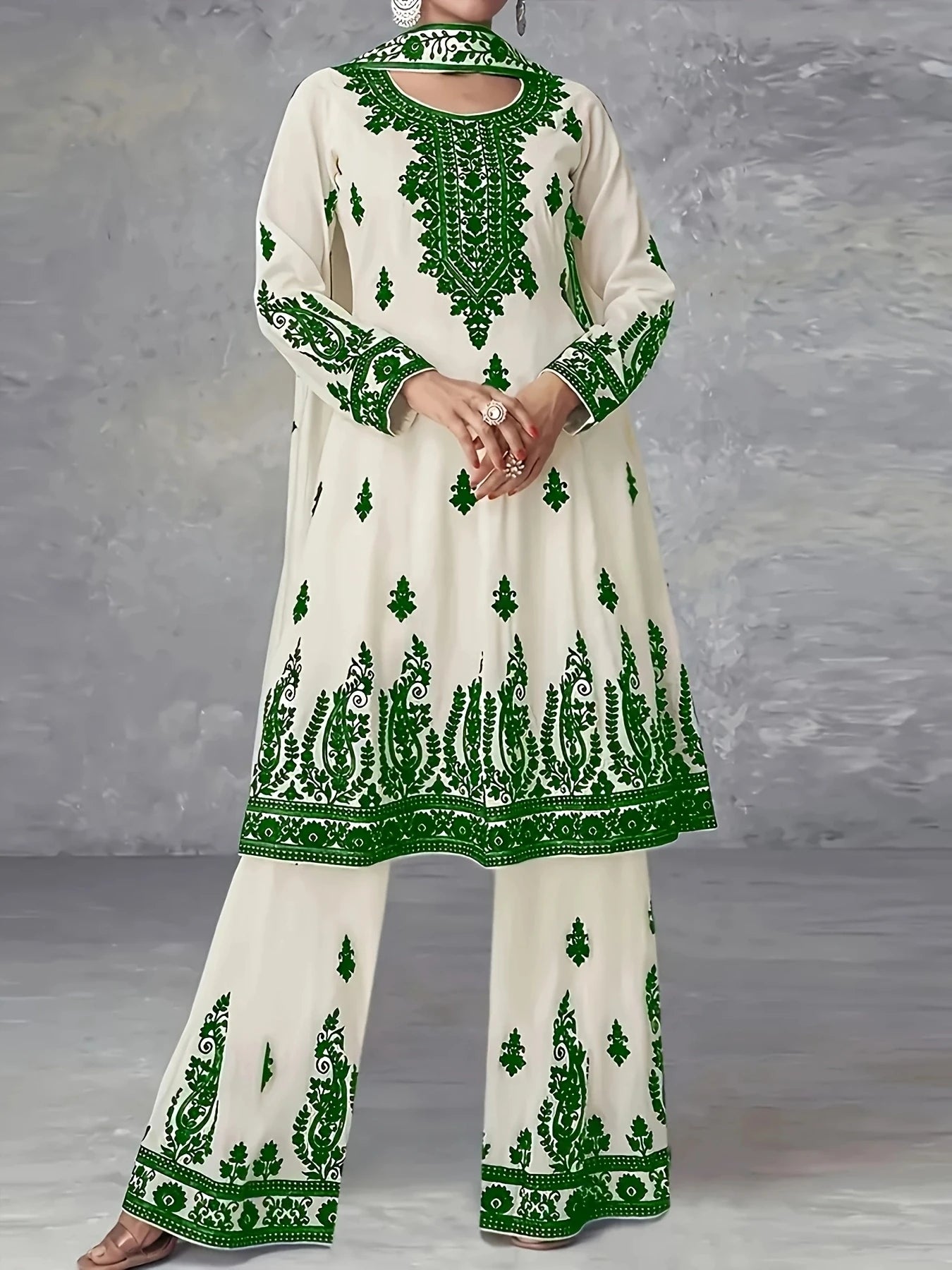 Printed Ethnic Style Three Piece Set With Headscarf
