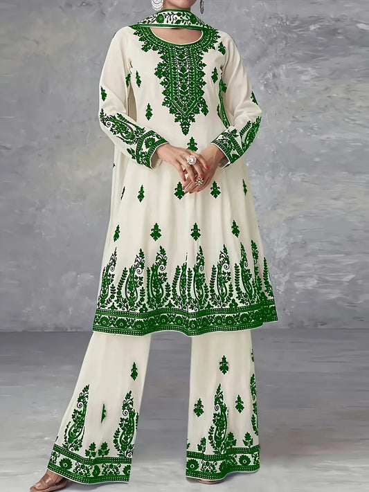 Printed Ethnic Style Three Piece Set With Headscarf