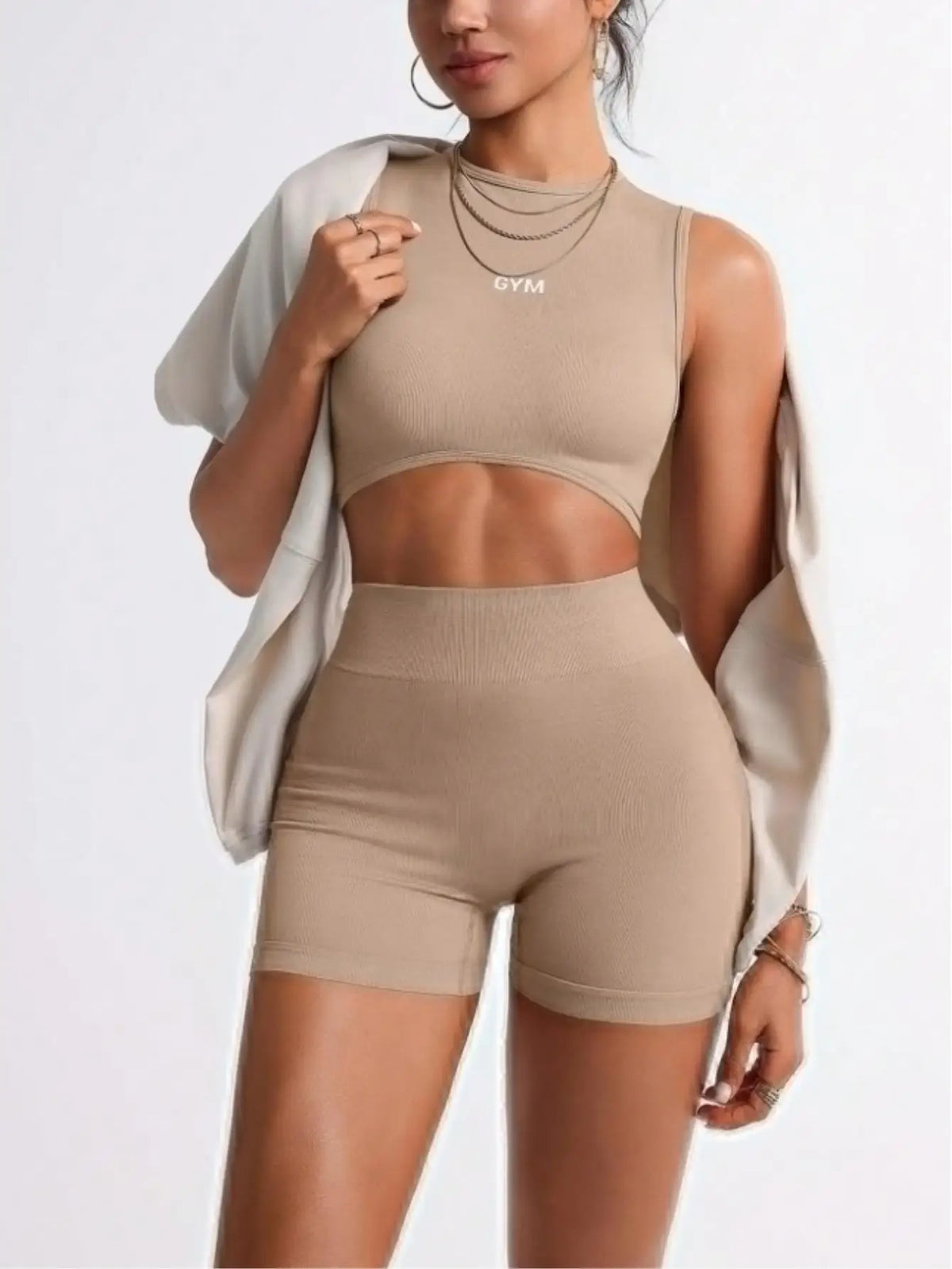 Womens Two Piece Gym Set Crop Tank And Biker Shorts