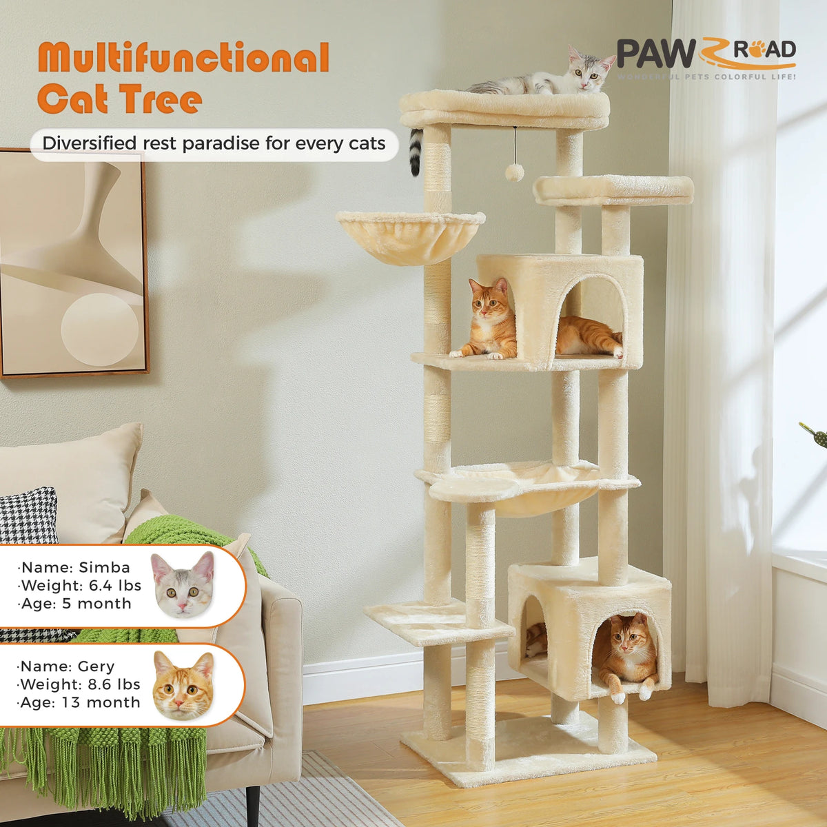 PAWZ Road Tall Cat Tree With Hammock And Scratch Posts
