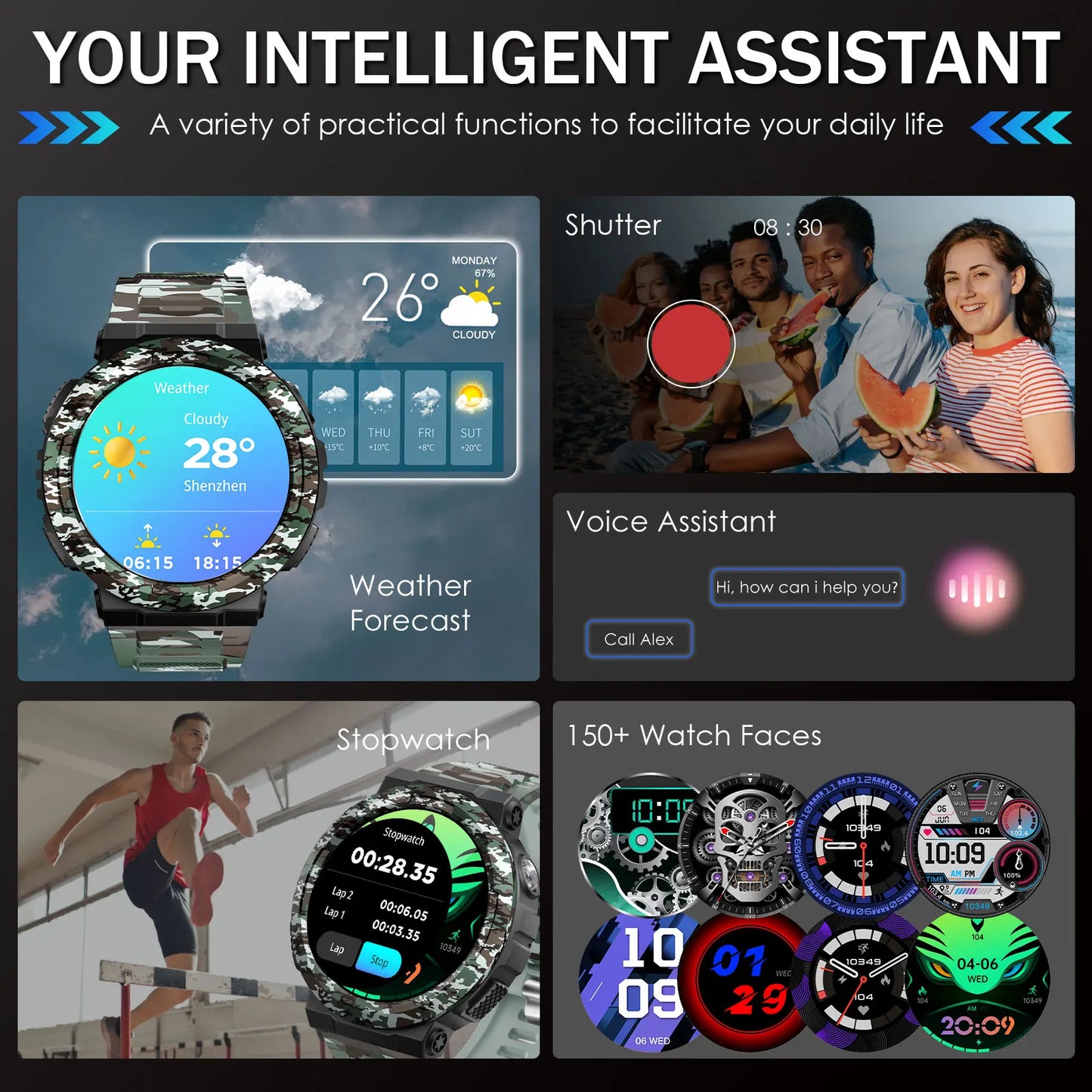 EIGIIS Men's Smartwatch With LED Flashlight And 100+ Sports Modes