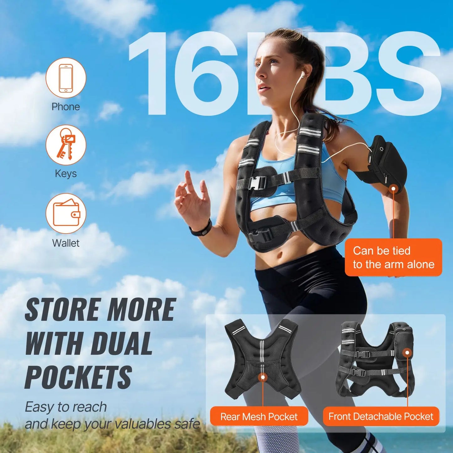 16 Lb Reflective Stripe Weighted Vest Adjustable Straps Women Men