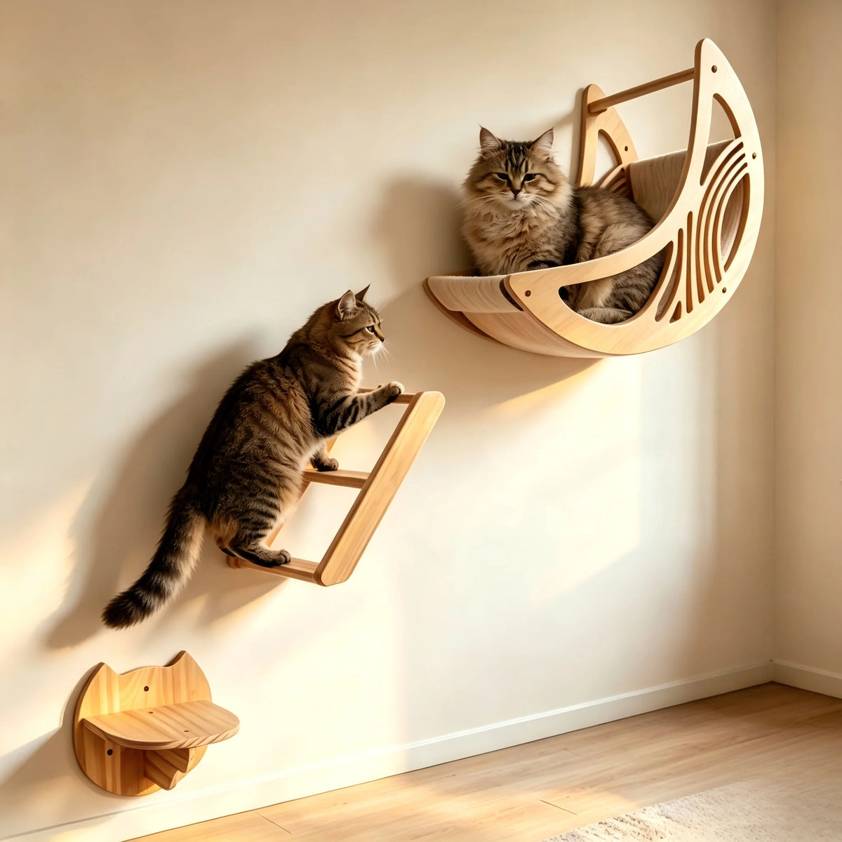 CWV Solid Pine Wood Wall Mounted Cat Climbing Shelves