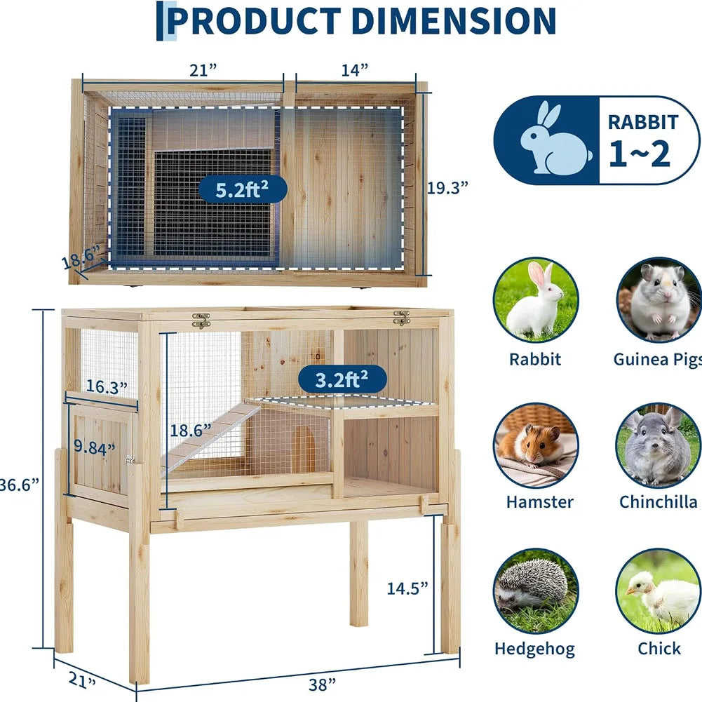 HiMISS Wooden Two Story Pet Cage With Ramp And Hideout