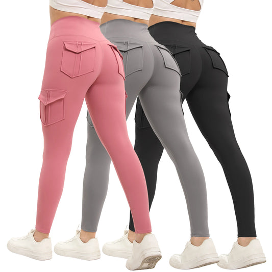 Women High Waisted Stretch Yoga Leggings With Pockets Three Pack