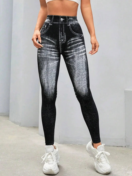 Women High Waisted Faux Denim Jeggings With Tummy Control