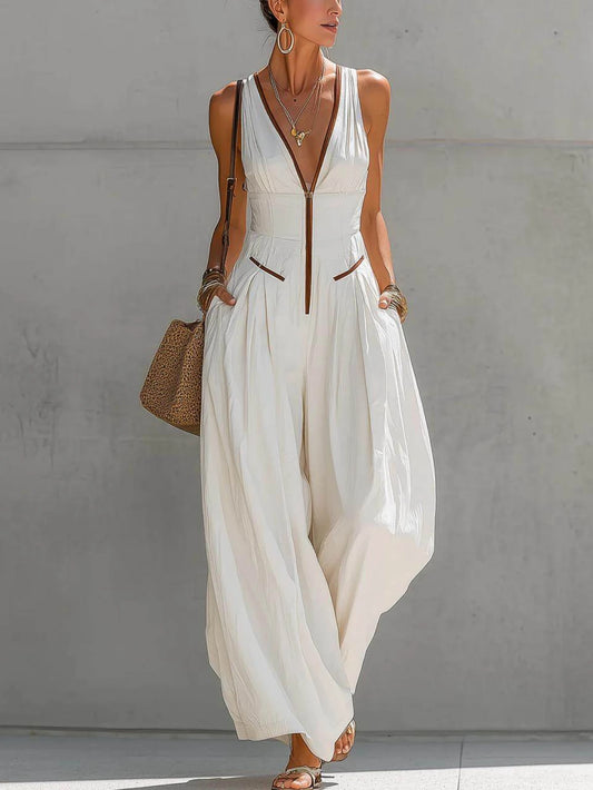 Women Deep V Neck Sleeveless Wide Leg Jumpsuit Front Zip