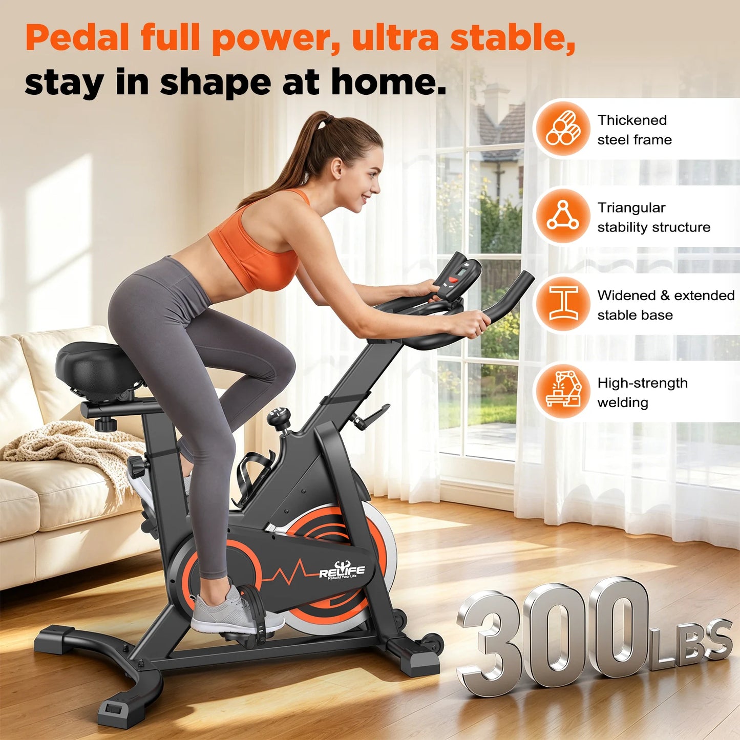 Relife Silent Belt Drive Stationary Bike With LCD Monitor Holder