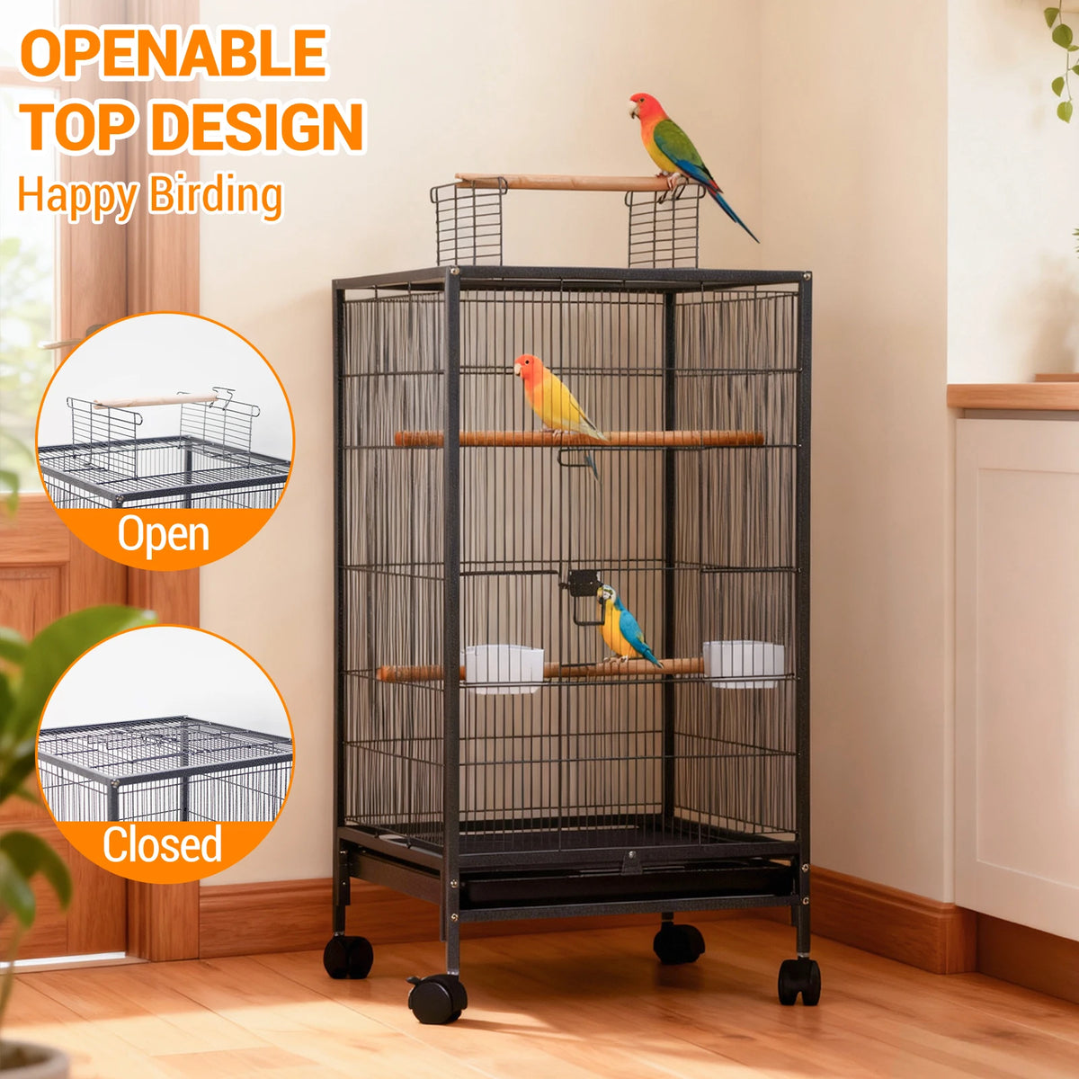 HiMISS Metal Bird Cage With Open Top Perches Wheels Tray