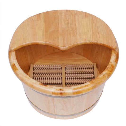 Cedar Wood Foot Bath Bucket With Lid And Massage Roller
