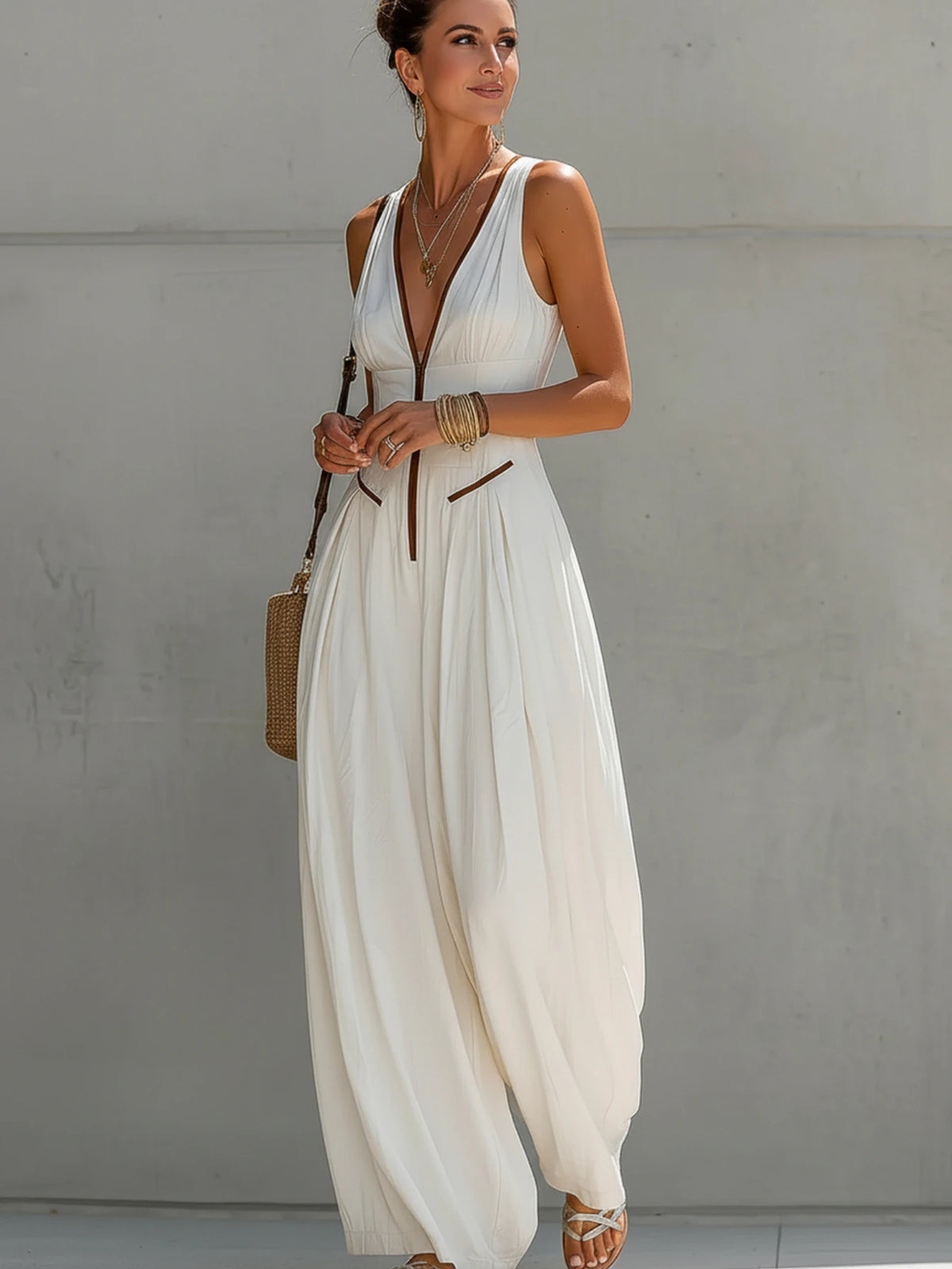 Women Deep V Neck Sleeveless Wide Leg Jumpsuit Front Zip
