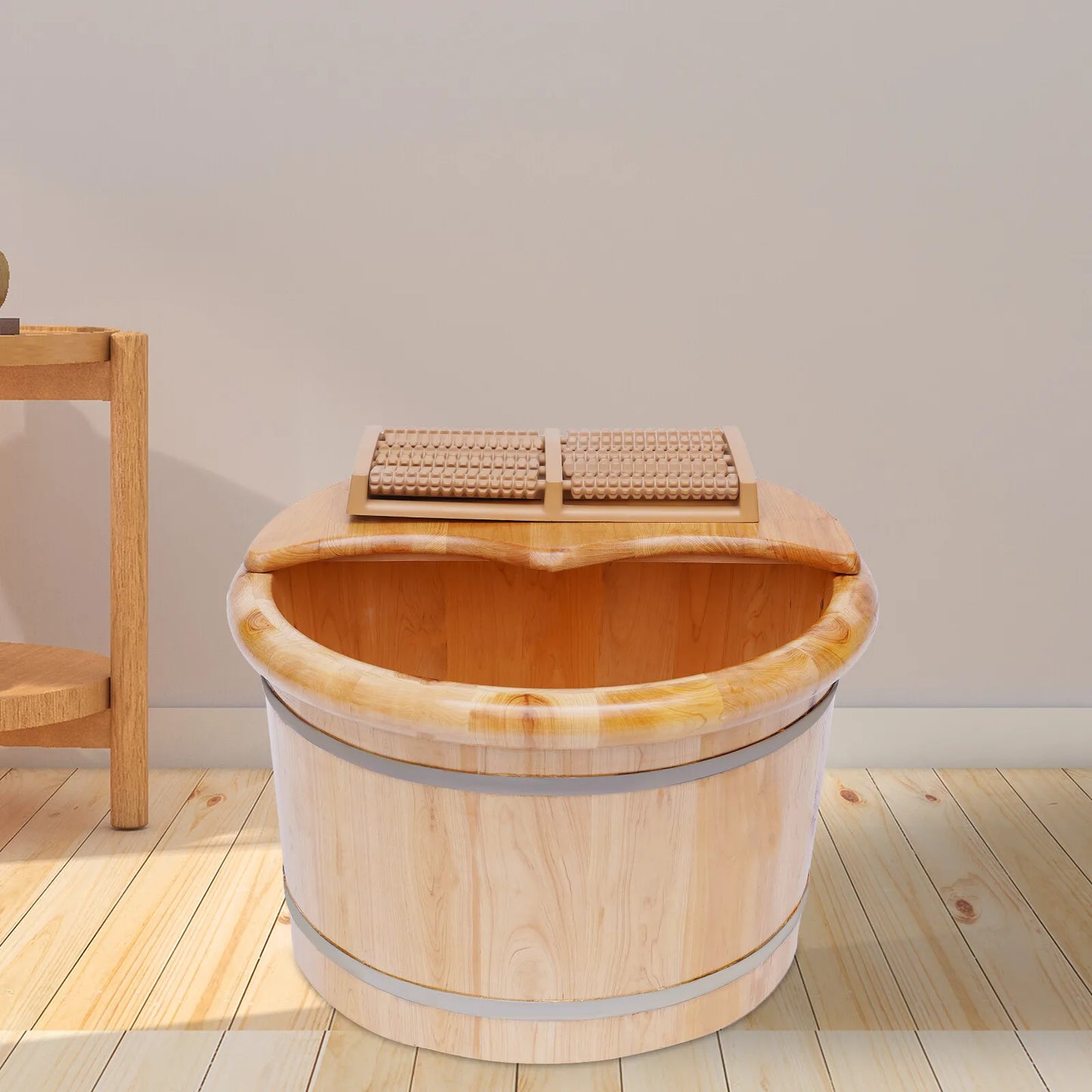 Cedar Wood Foot Bath Bucket With Lid And Massage Roller