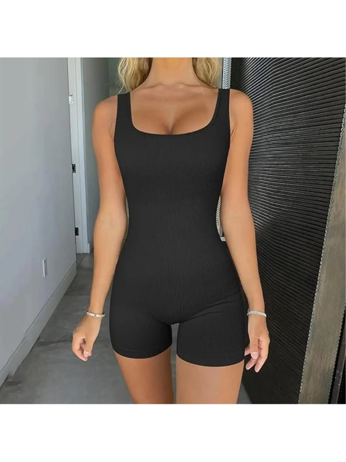 Women Ribbed Square Neck Sleeveless Yoga One Piece Romper