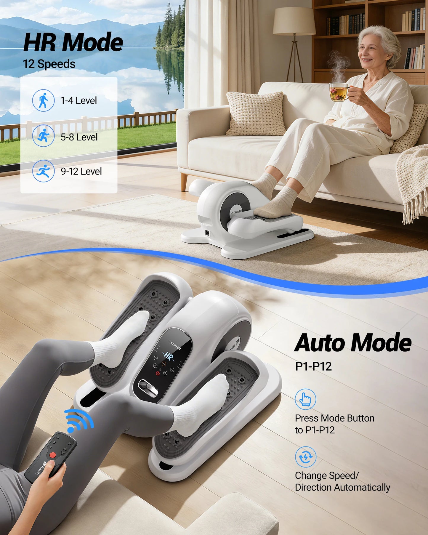 UMAY Compact Under-Desk Electric Elliptical Machine 12-Speed With Remote