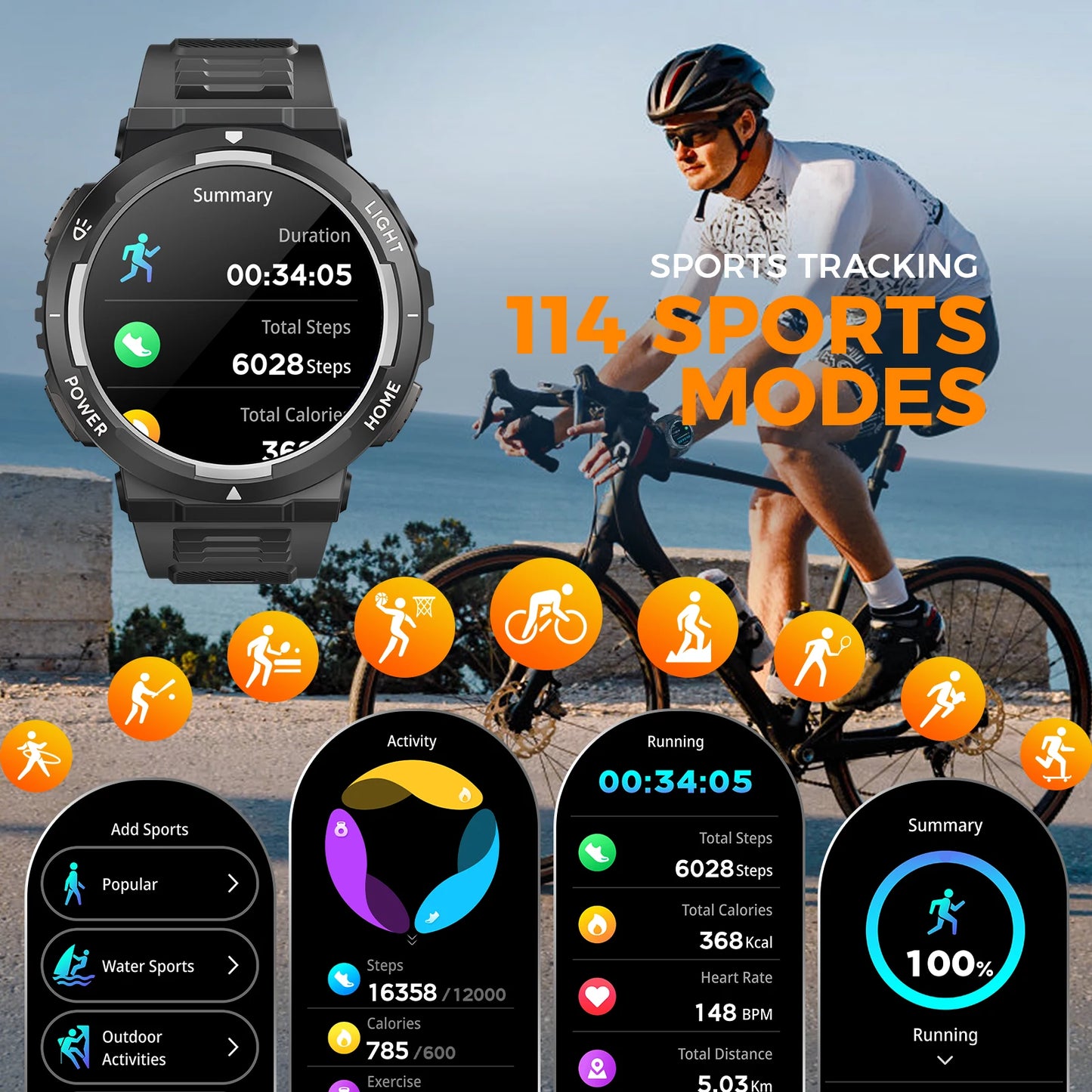 EIGIIS Men's Smartwatch With LED Flashlight And 100+ Sports Modes