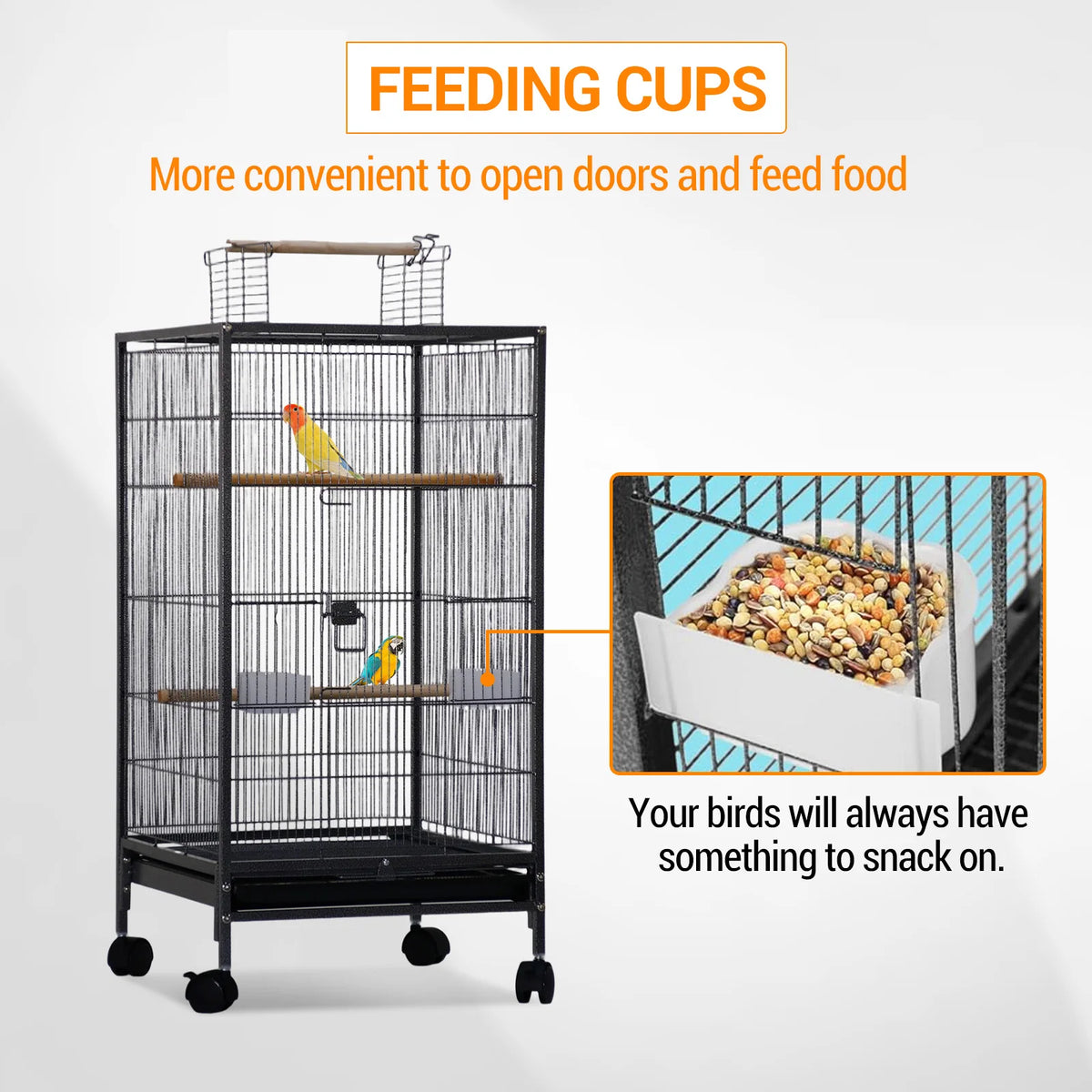 HiMISS Metal Bird Cage With Open Top Perches Wheels Tray