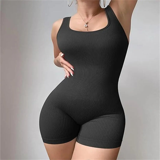 Women Ribbed Square Neck Sleeveless Yoga One Piece Romper