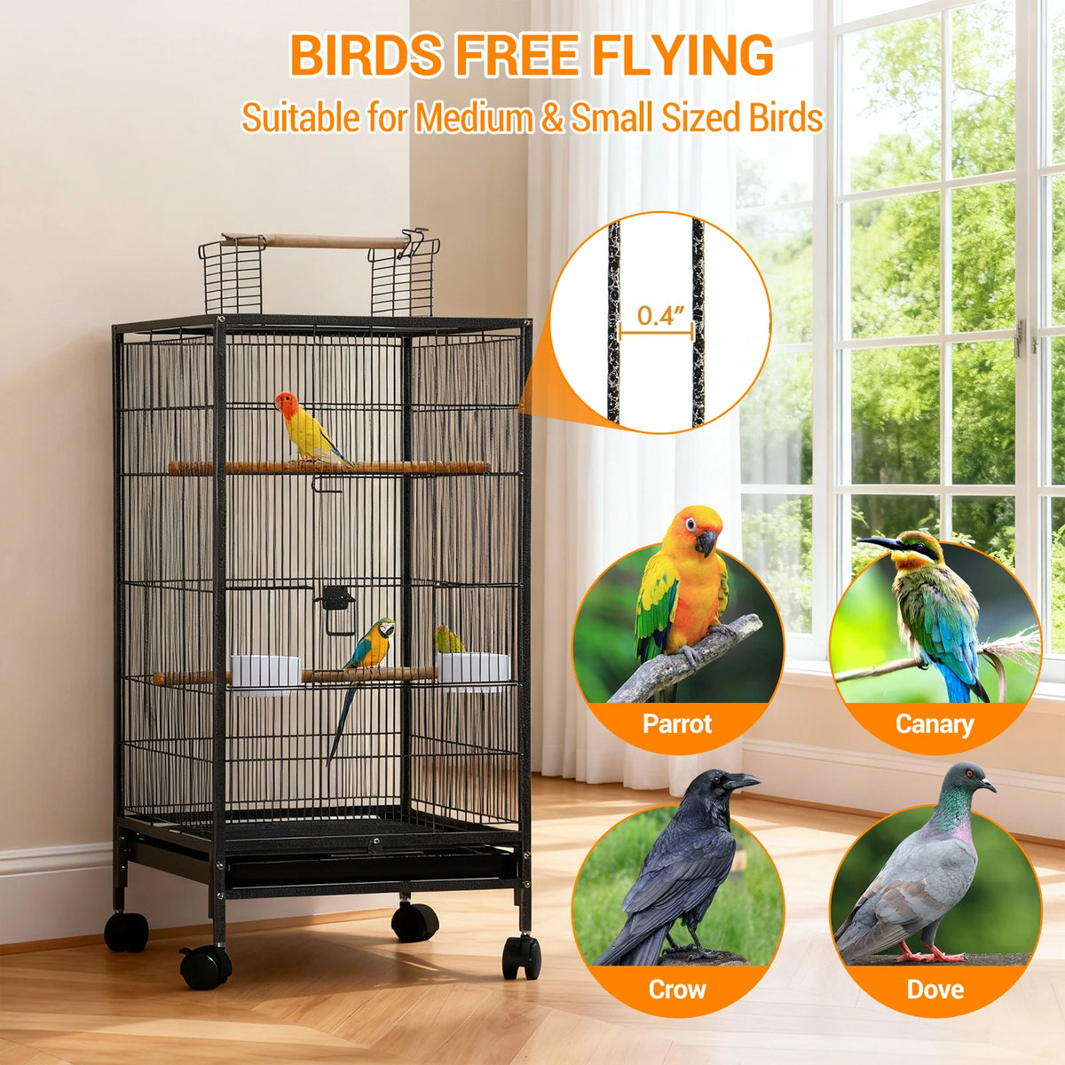 HiMISS Metal Bird Cage With Open Top Perches Wheels Tray