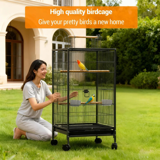 HiMISS Metal Bird Cage With Open Top Perches Wheels Tray