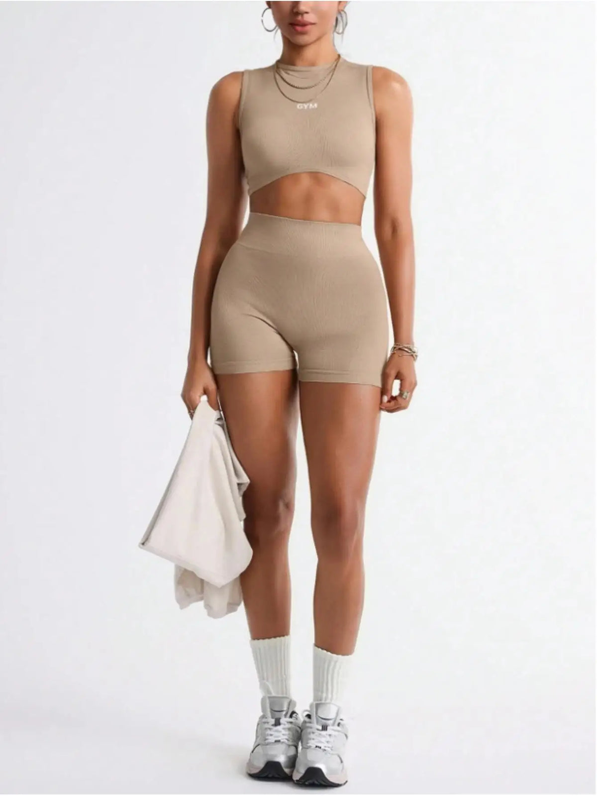Womens Two Piece Gym Set Crop Tank And Biker Shorts