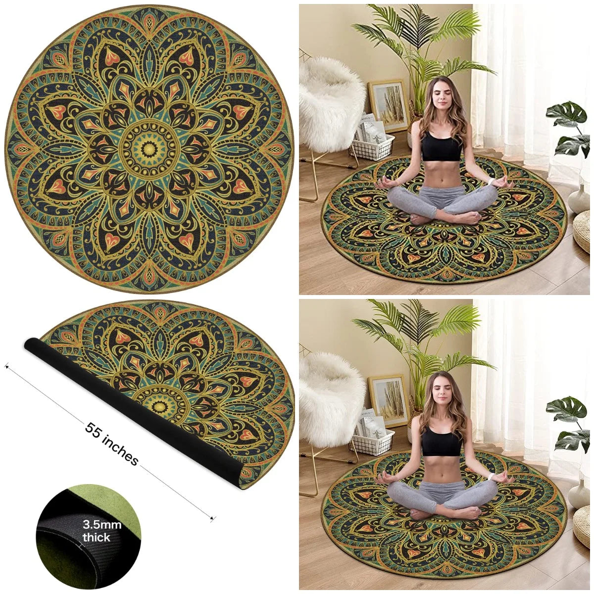 YTYIN Premium Round Yoga Mat Non Slip Extra Thick Exercise