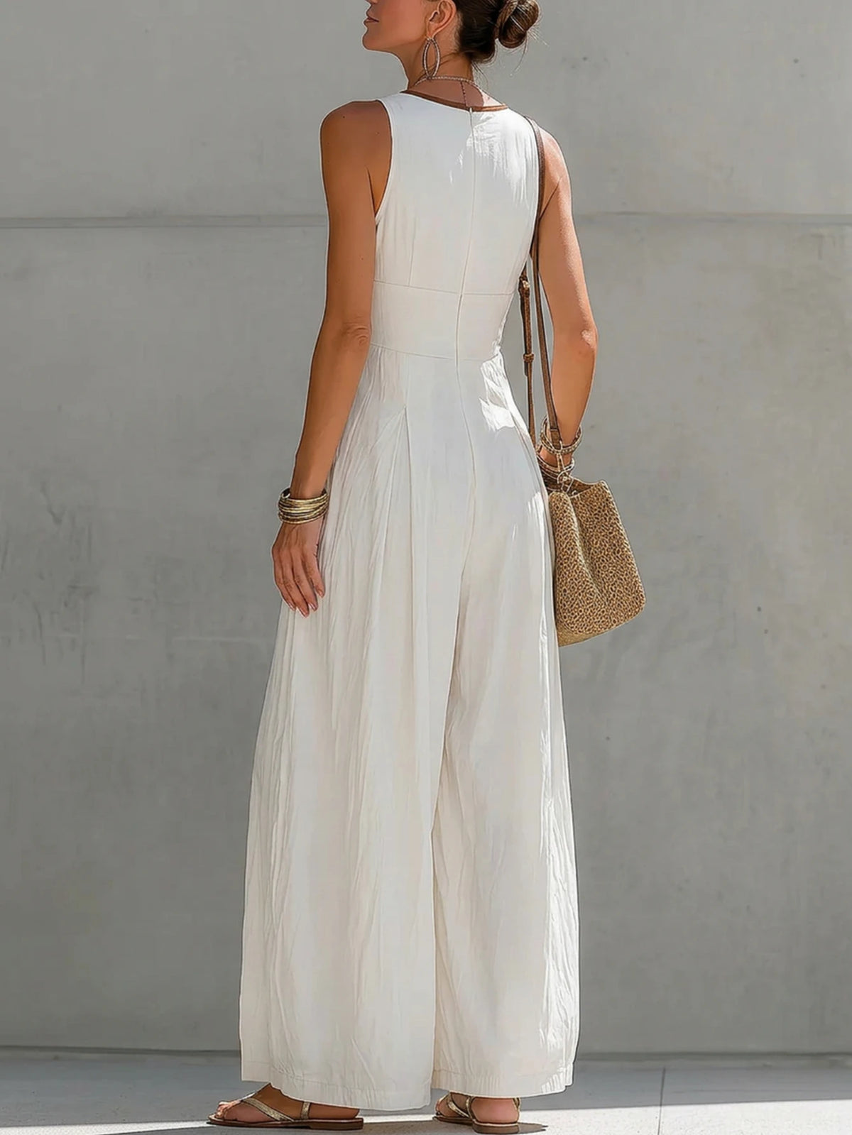 Women Deep V Neck Sleeveless Wide Leg Jumpsuit Front Zip