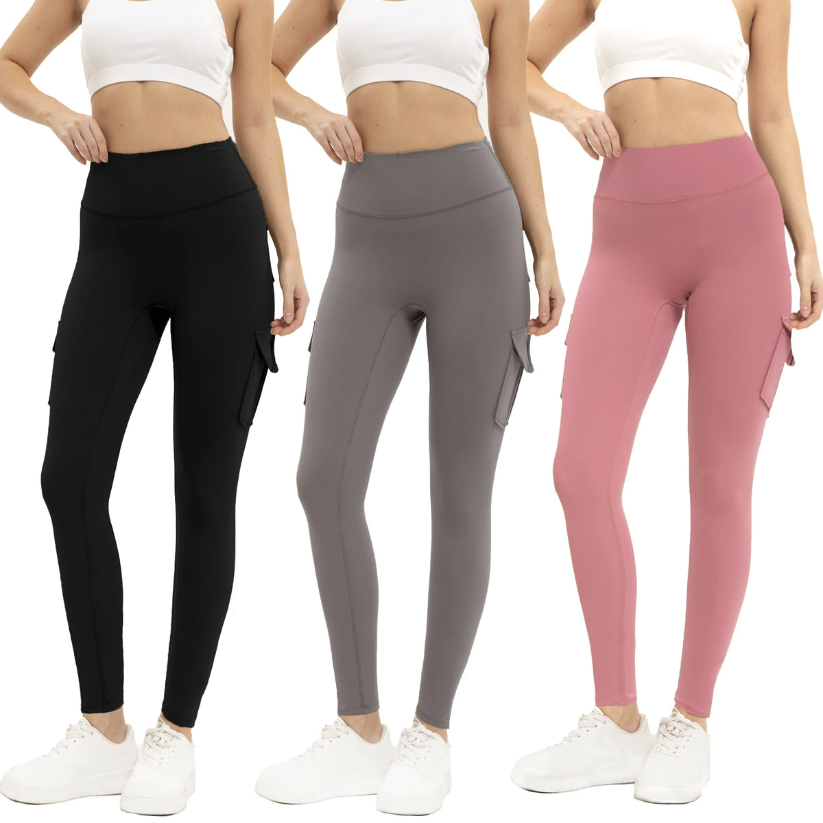 Women High Waisted Stretch Yoga Leggings With Pockets Three Pack