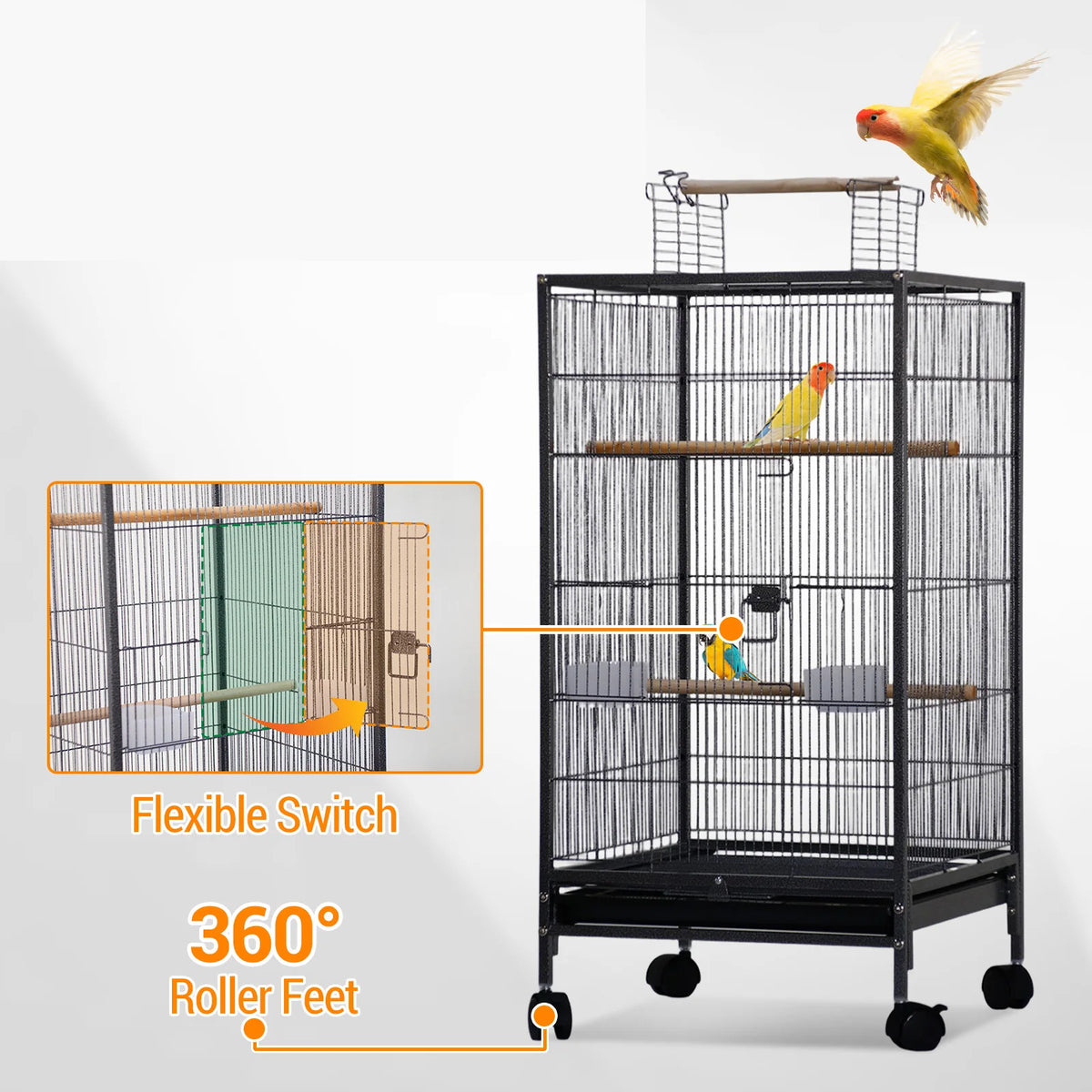 HiMISS Metal Bird Cage With Open Top Perches Wheels Tray
