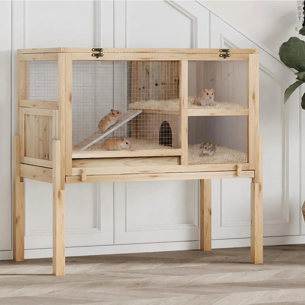 HiMISS Wooden Two Story Pet Cage With Ramp And Hideout