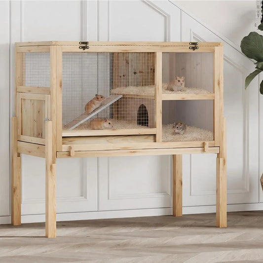 HiMISS Wooden Two Story Pet Cage With Ramp And Hideout