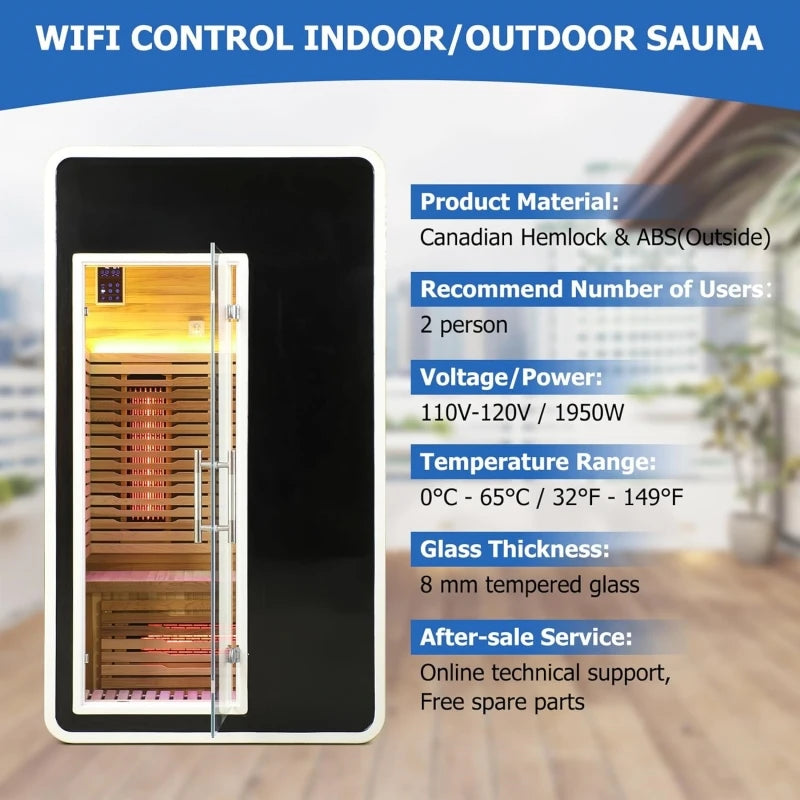 Infrared Two Person Sauna With WiFi Control In Hemlock Wood