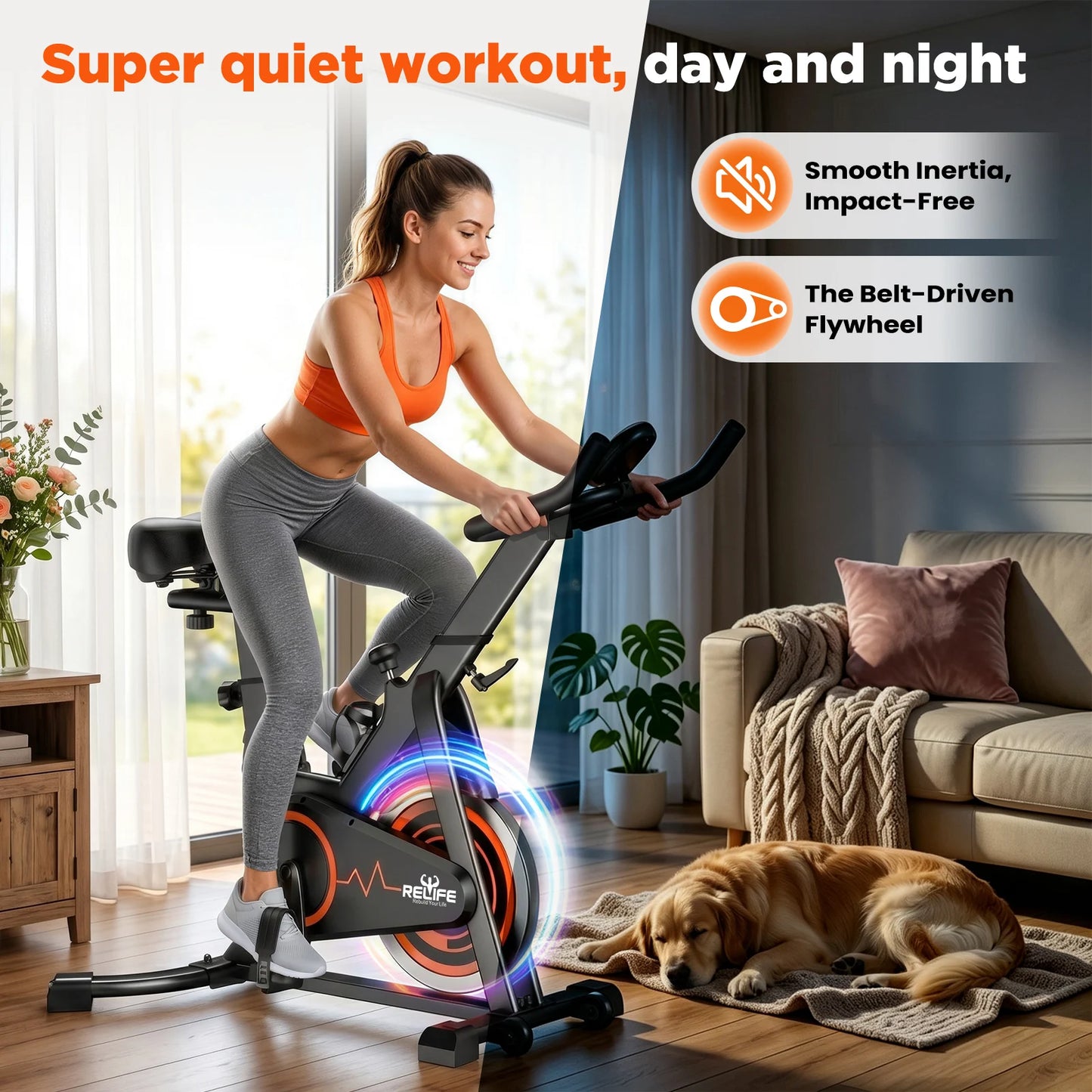 Relife Silent Belt Drive Stationary Bike With LCD Monitor Holder
