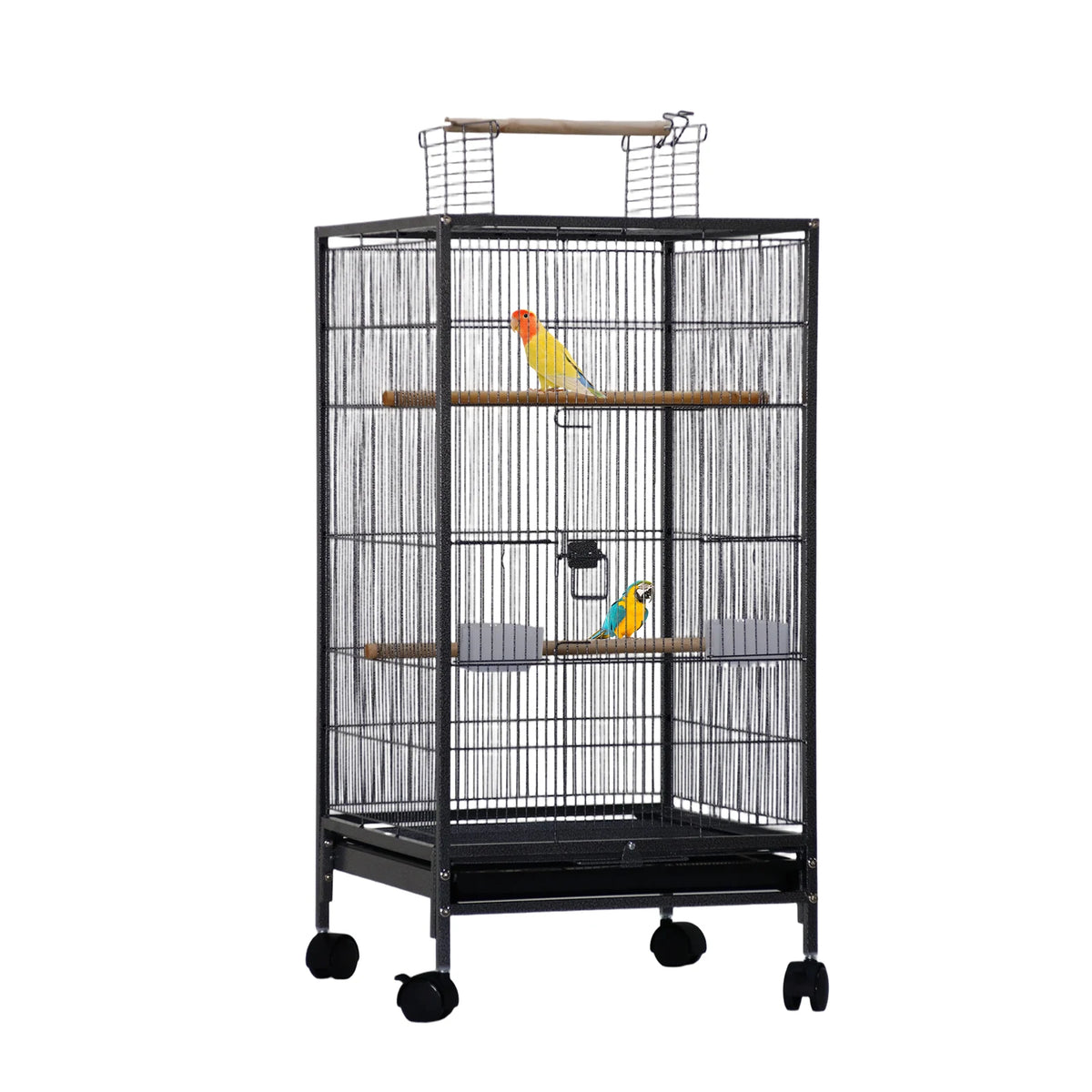 HiMISS Metal Bird Cage With Open Top Perches Wheels Tray