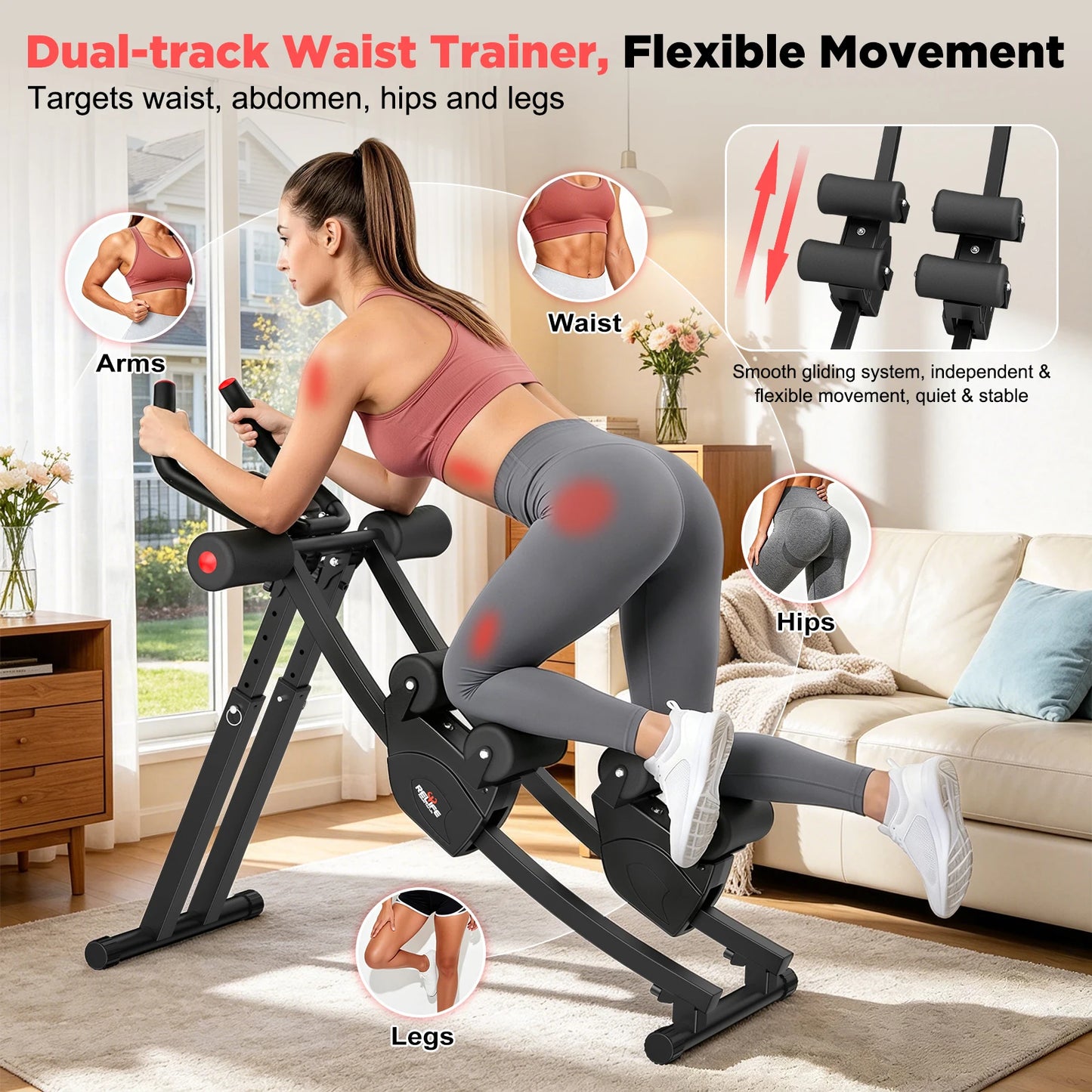 Dual Split-Track Ab Machine Foldable Core Trainer For Home Fitness