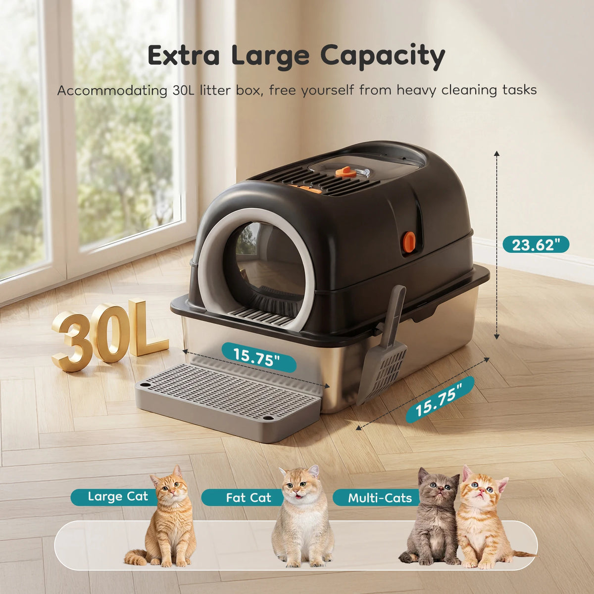 Stainless Steel Fully Enclosed Cat Litter Box With Safe Door