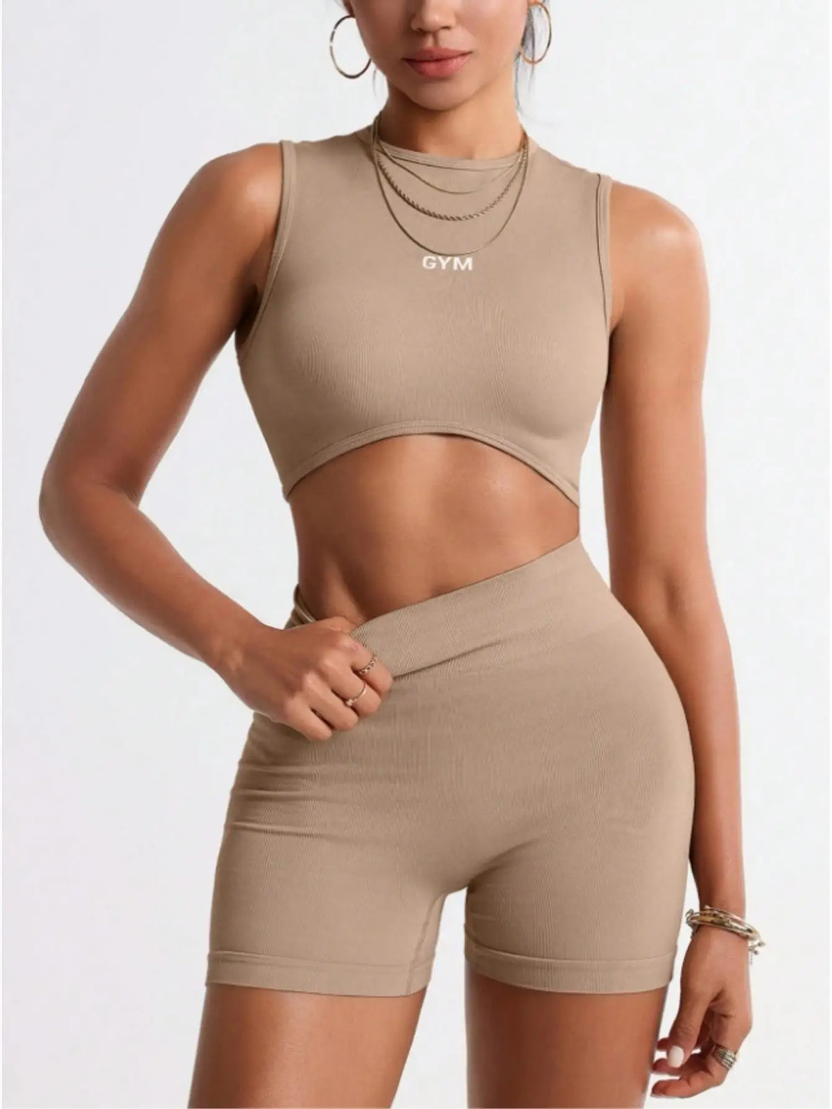 Womens Two Piece Gym Set Crop Tank And Biker Shorts