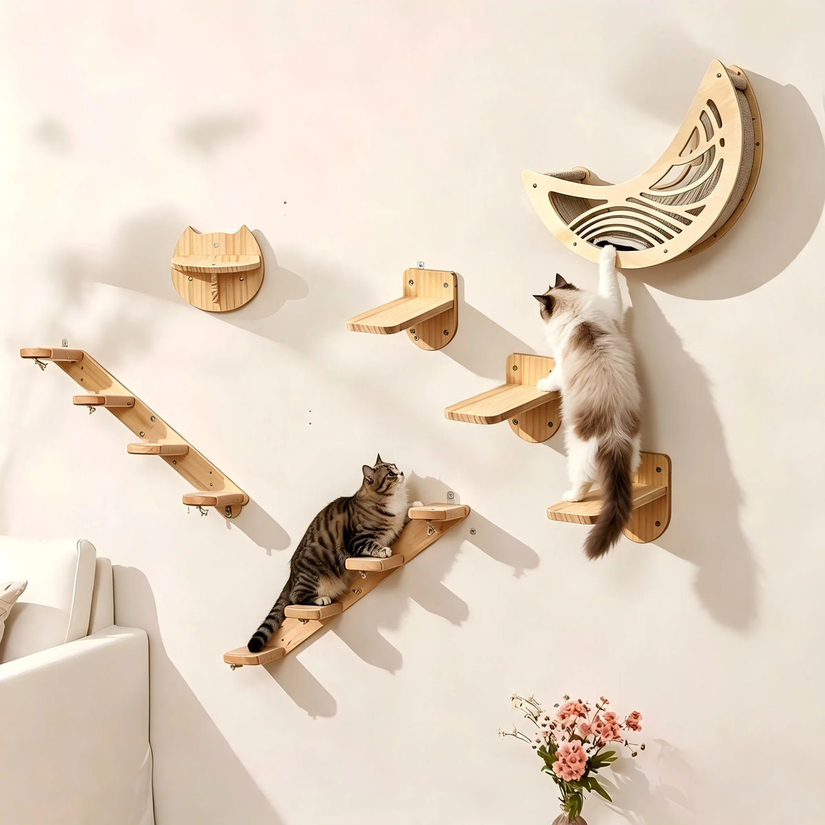 CWV Solid Pine Wood Wall Mounted Cat Climbing Shelves