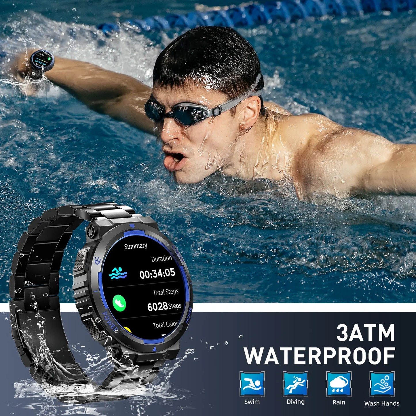 EIGIIS Men's Smartwatch With LED Flashlight And 100+ Sports Modes