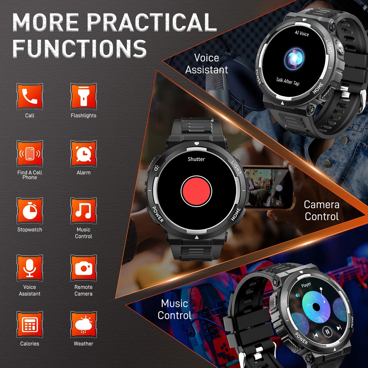 EIGIIS Men's Smartwatch With LED Flashlight And 100+ Sports Modes