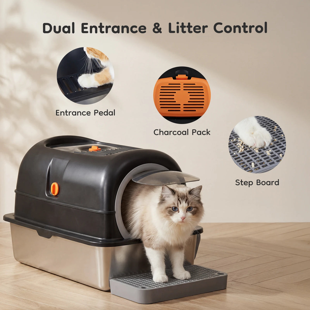 Stainless Steel Fully Enclosed Cat Litter Box With Safe Door