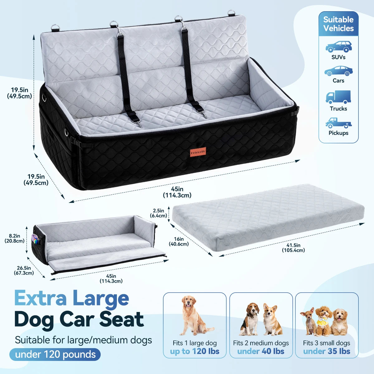 Durable Dog Car Seat and Booster Bed Featuring Travel Frame