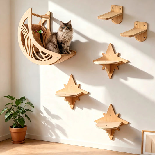 CWV Solid Pine Wood Wall Mounted Cat Climbing Shelves