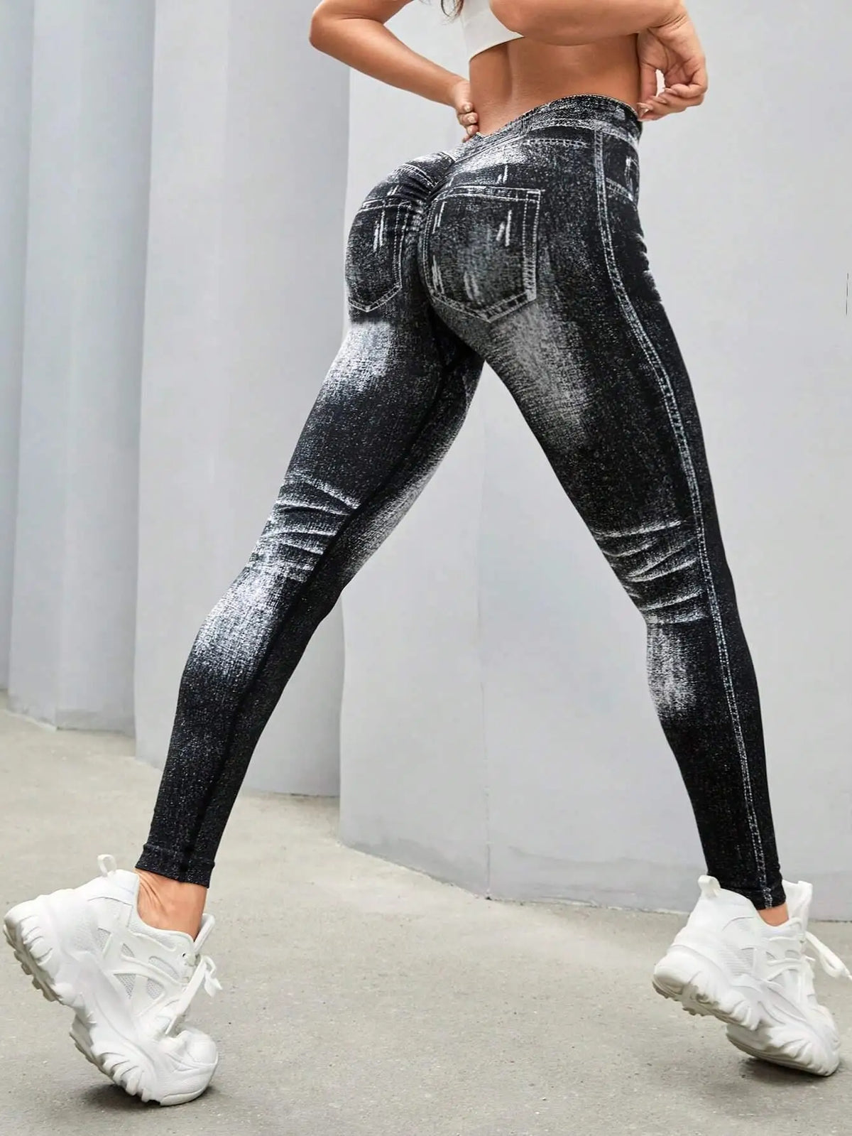 Women High Waisted Faux Denim Jeggings With Tummy Control
