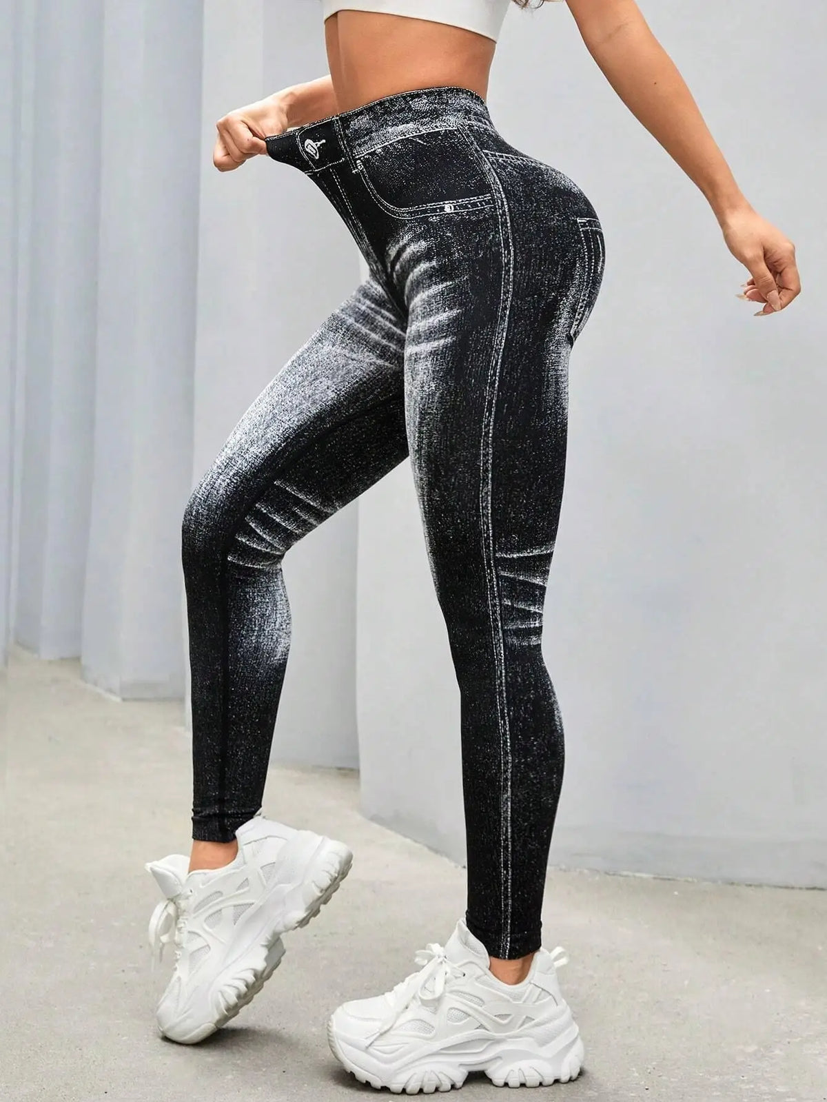 Women High Waisted Faux Denim Jeggings With Tummy Control